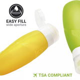 Two travel bottles, one yellow and one green, with 'Easy Fill' and 'TSA Compliant' labels on a white background.