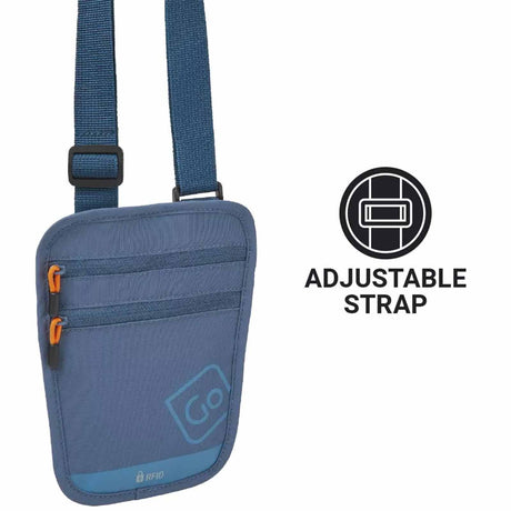 Blueberry RFID crossbody pouch with an adjustable strap feature on a white background