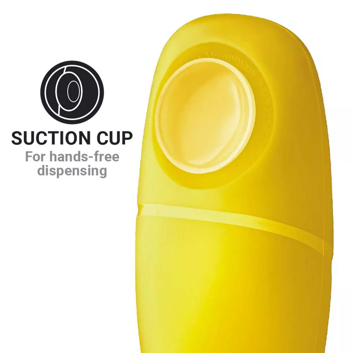 Yellow suction cup dispenser with text indicating hands-free dispensing on a white background