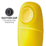 Yellow suction cup dispenser with text indicating hands-free dispensing on a white background