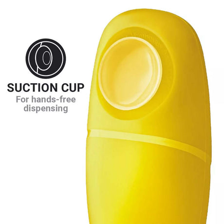 Yellow suction cup dispenser with text indicating hands-free dispensing on a white background