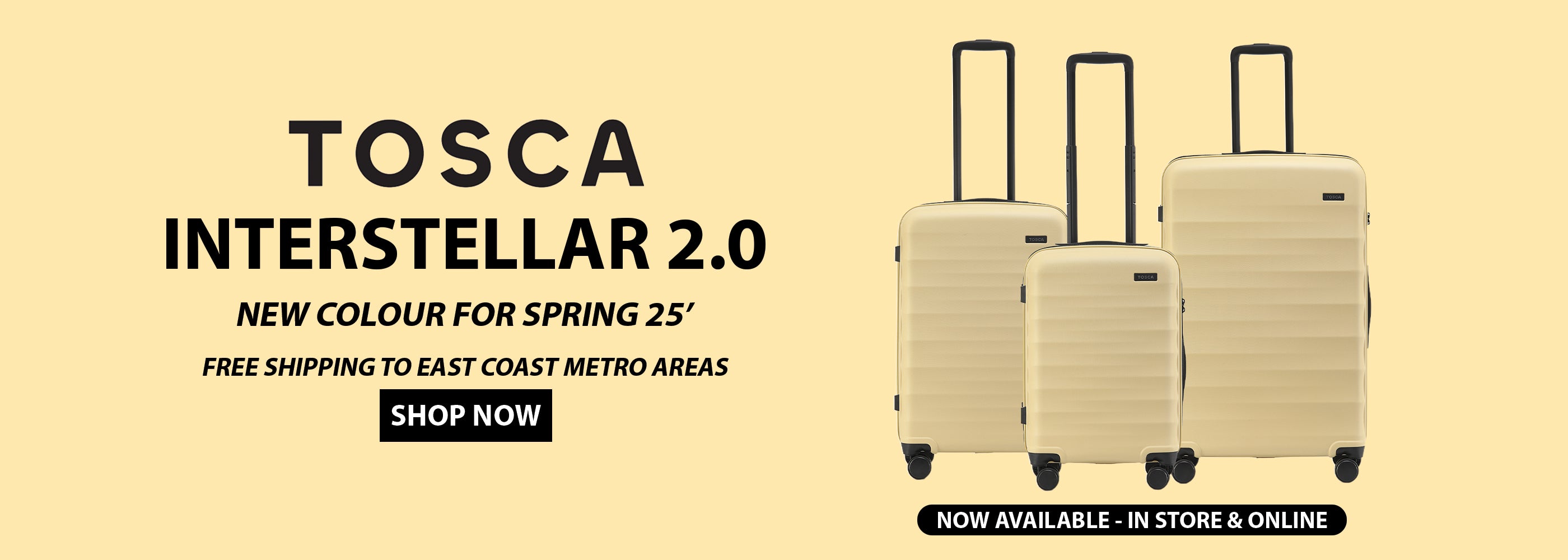 Three yellow suitcases with promotional text on a banana background