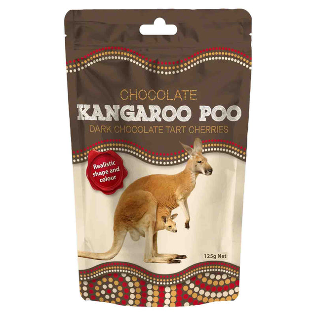 Packaging of Chocolate Kangaroo Poo with kangaroo illustration on a white background
