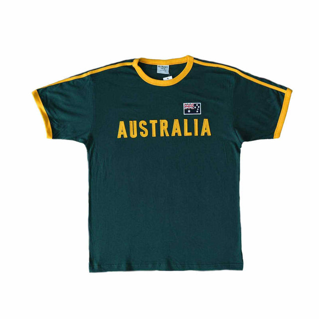 Green kids t-shirt with 'AUSTRALIA' text and a small flag on a white background