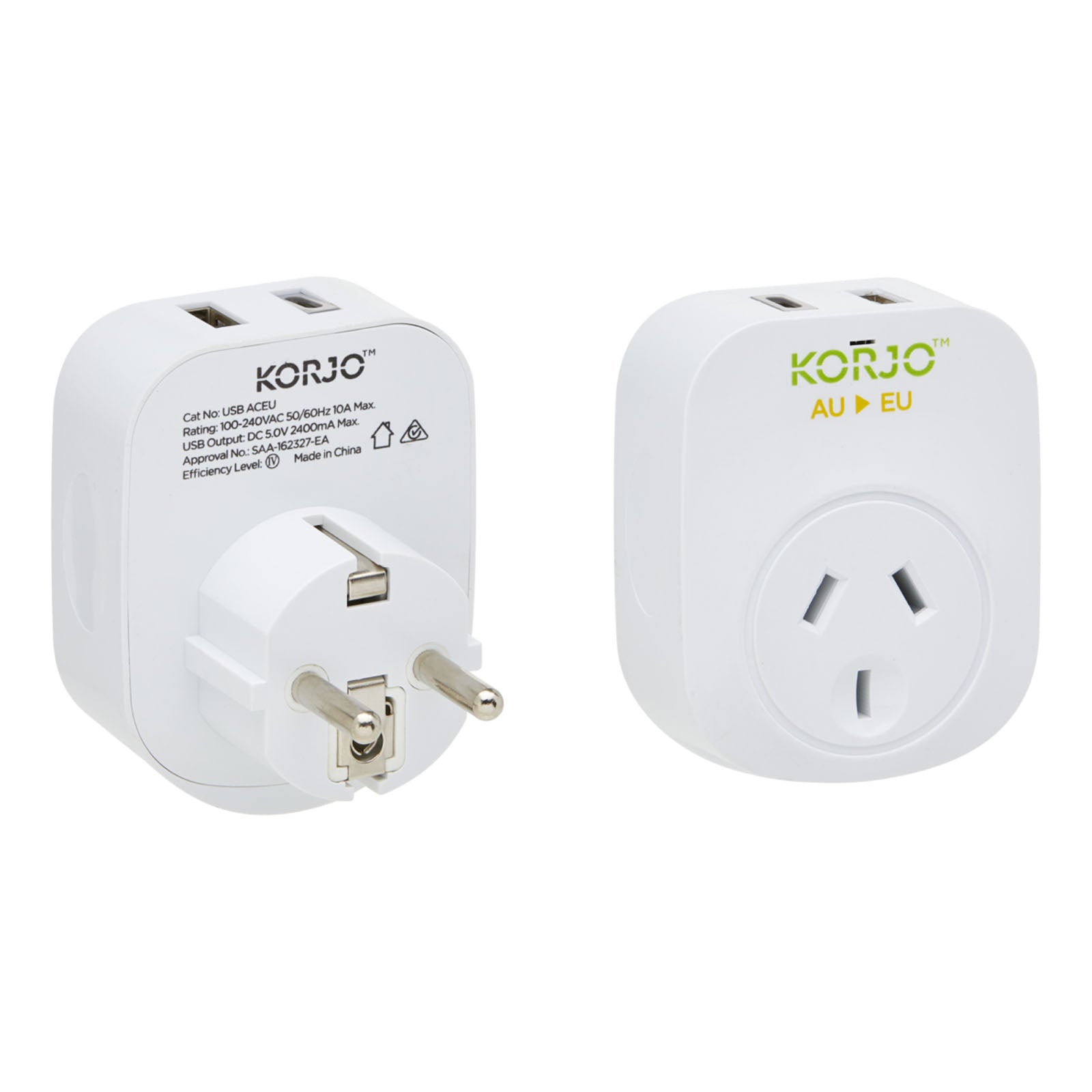 Korjo-Travel-Adaptor-Usb-Port-A-And-C-Australia-To-Europe-Front-Back