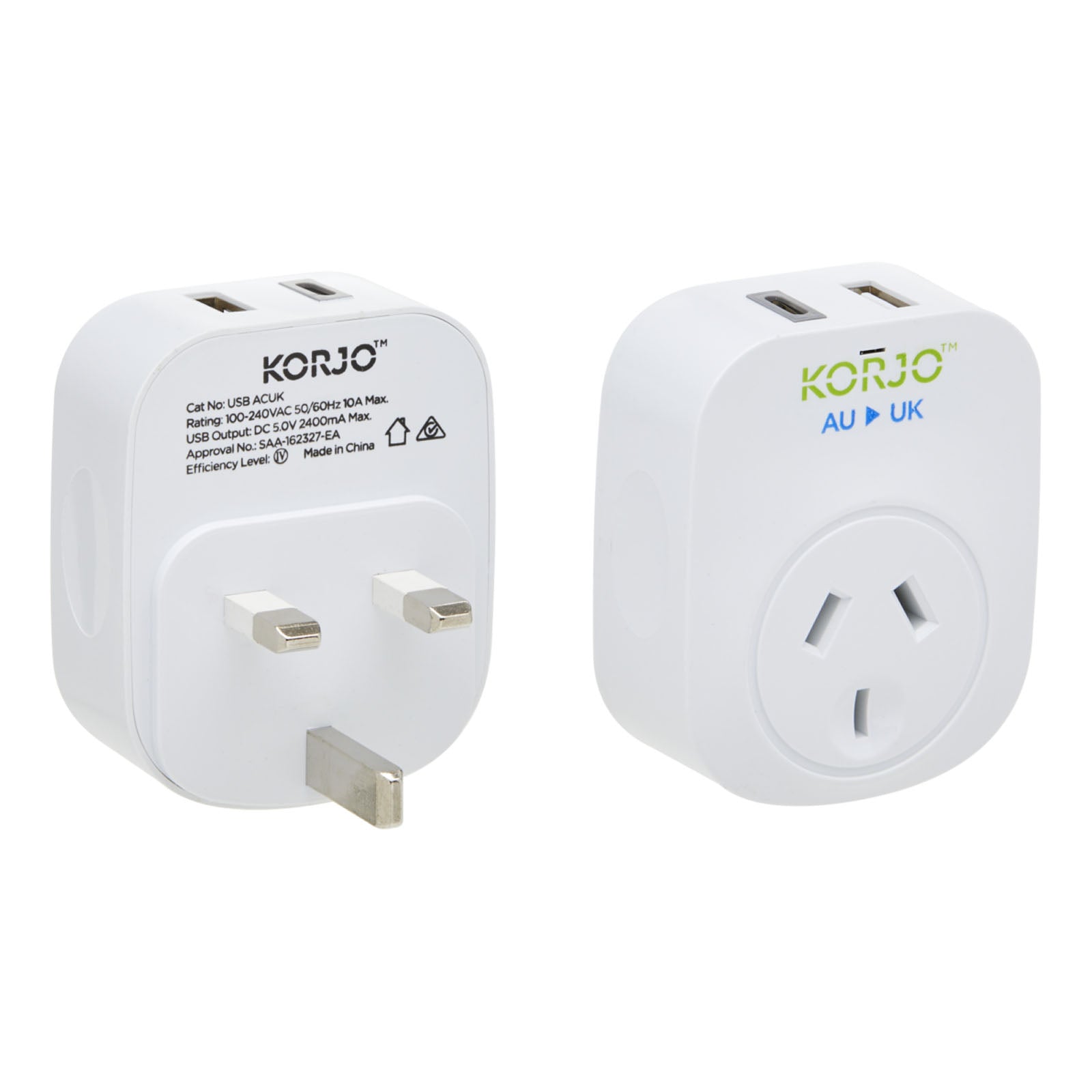 Korjo-Travel-Adaptor-Usb-Port-A-And-C-Australia-To-Uk-Front-Back