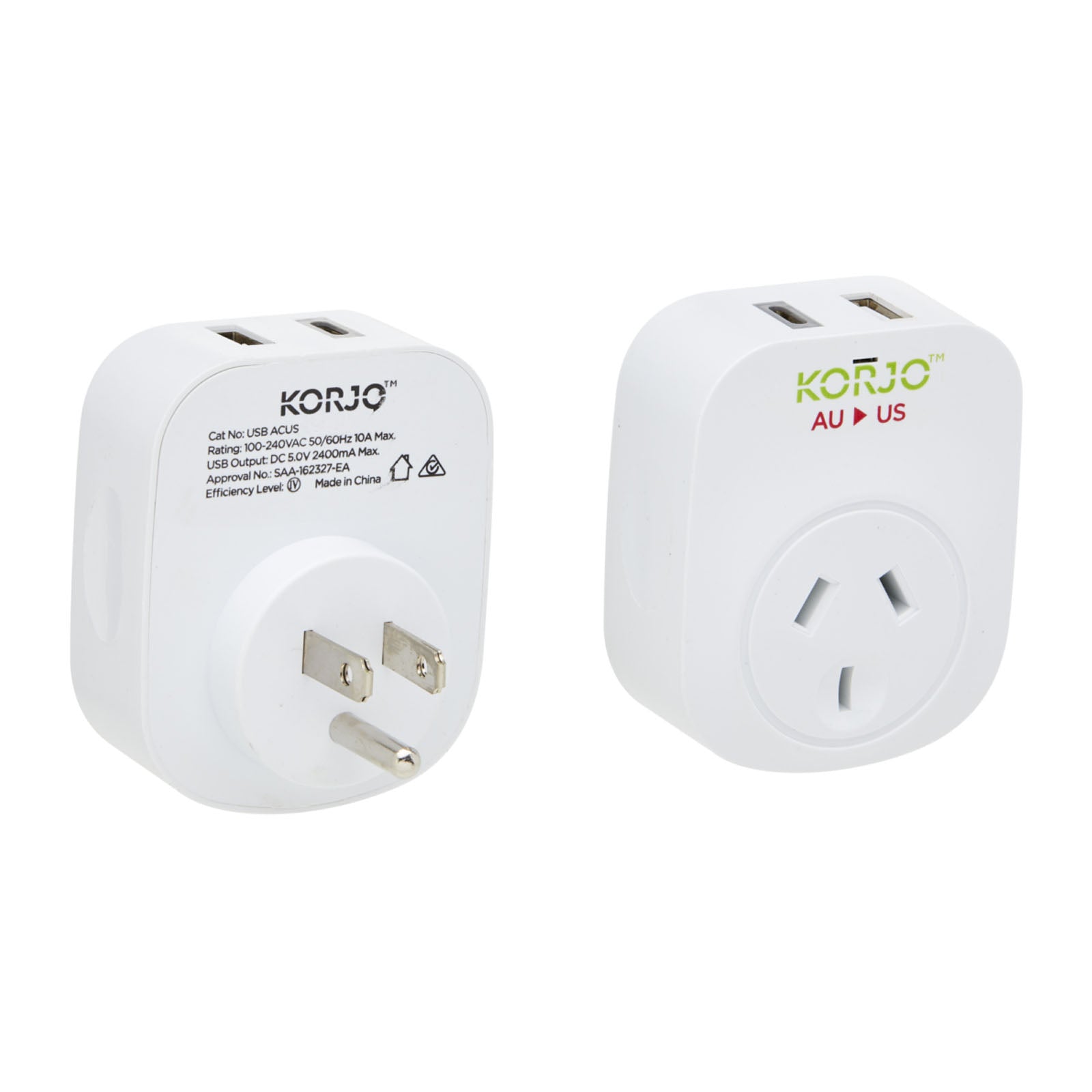 Korjo-Travel-Adaptor-Usb-Port-A-And-C-Australia-To-Us-Front-Back