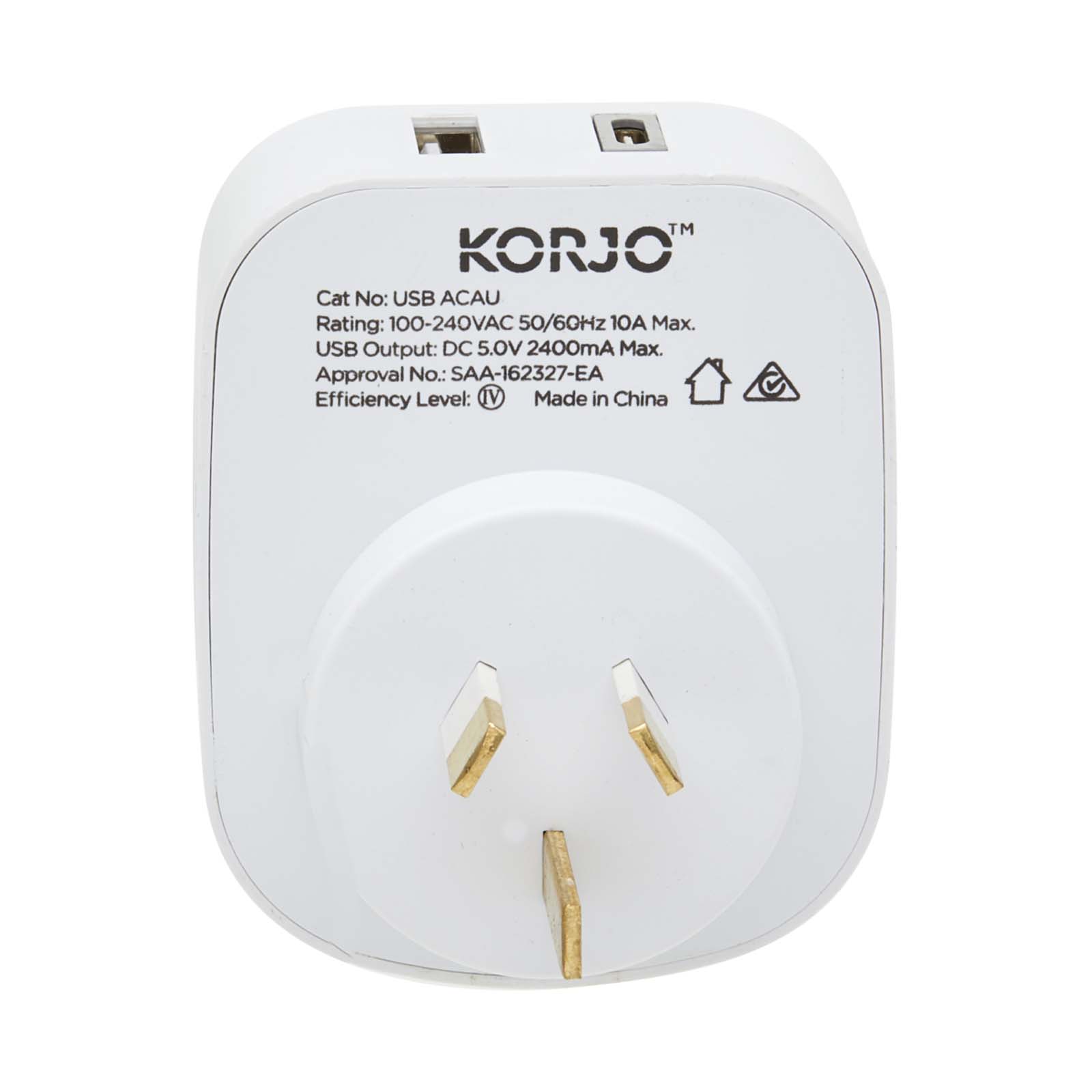 Korjo-Travel-Adaptor-Usb-Port-A-And-C-For-Australia-Plug
