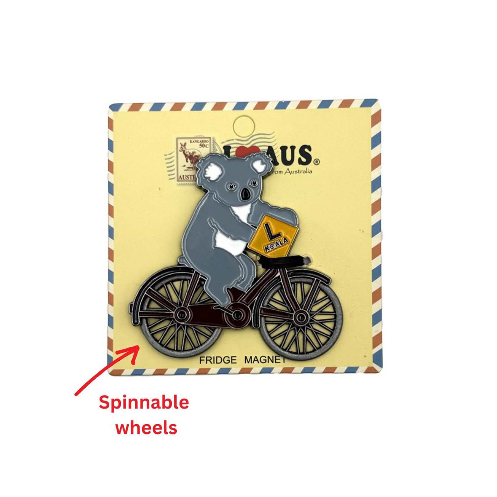 Fridge magnet of a koala on a bicycle with 'Spinnable wheel', on a decorative card.