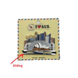 Fridge magnet packaging with Sydney Harbour Bridge design on a striped background