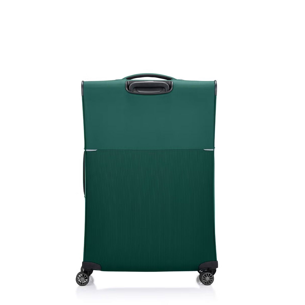 Green Samsonite suitcase with wheels on a white background