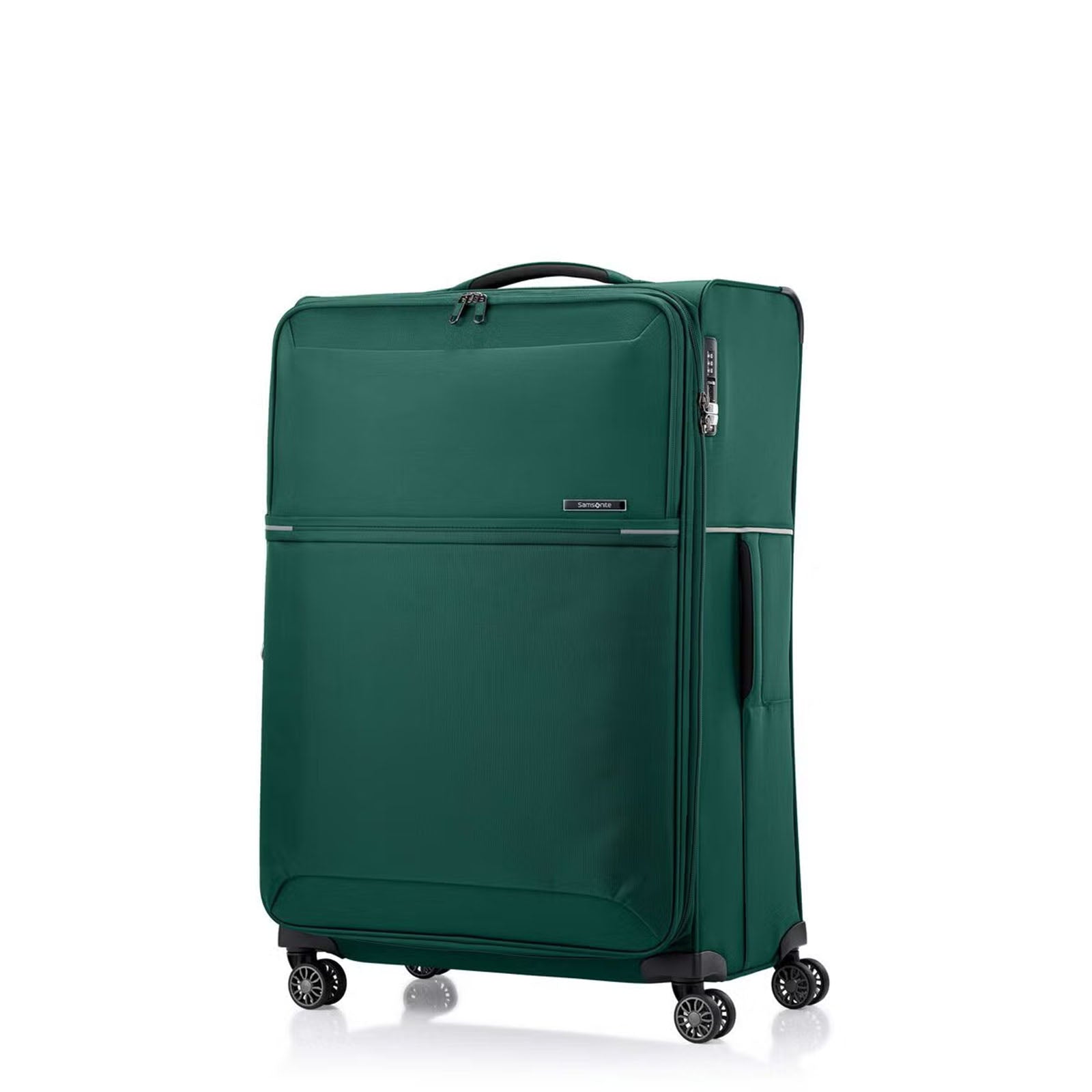 Green Samsonite suitcase with wheels on a white background