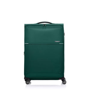 Green Samsonite suitcase with wheels on a white background