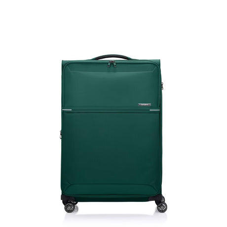 Green Samsonite suitcase with wheels on a white background