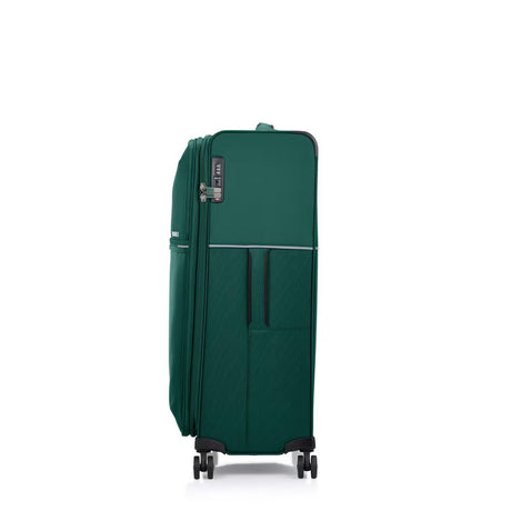 Green Samsonite suitcase with wheels on a white background