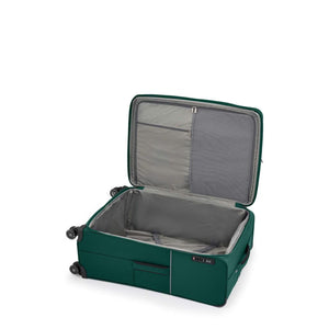 Green open Samsonite suitcase on a white background