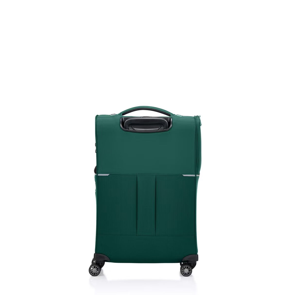 Green Samsonite suitcase with wheels on a white background