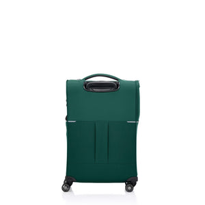 Green Samsonite suitcase with wheels on a white background