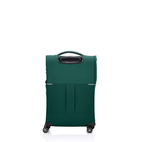 Green Samsonite suitcase with wheels on a white background