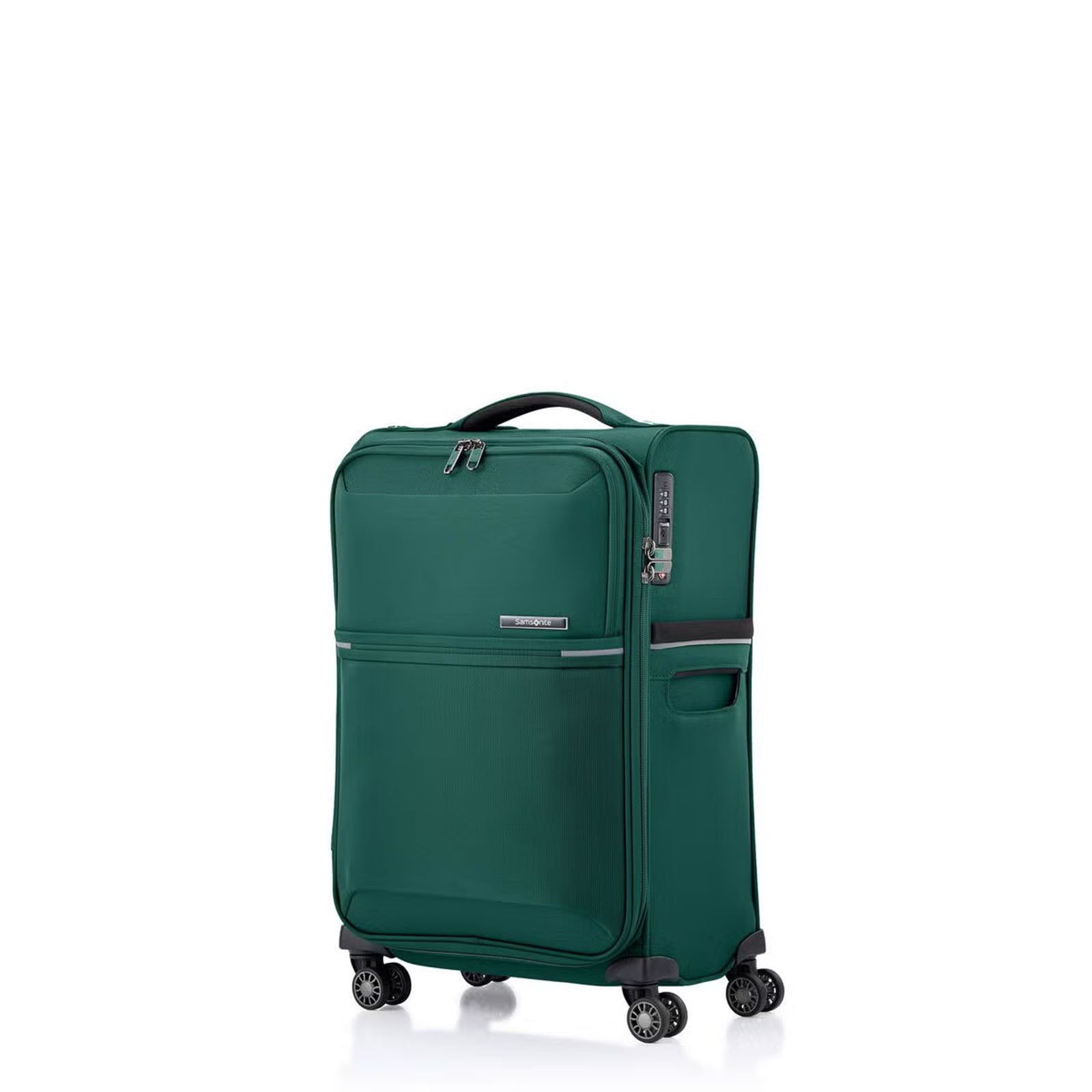 Green Samsonite suitcase with wheels on a white background