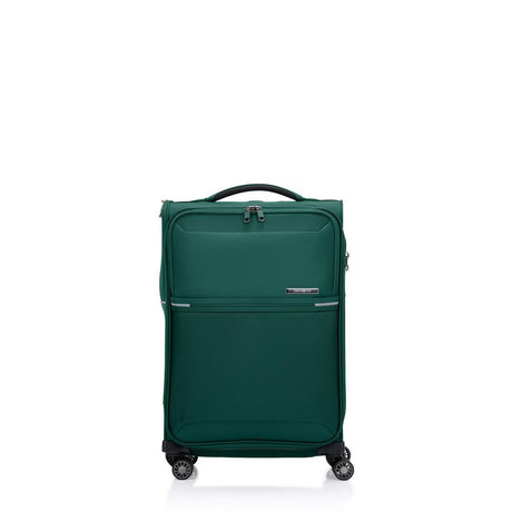 Green Samsonite suitcase with wheels on a white background