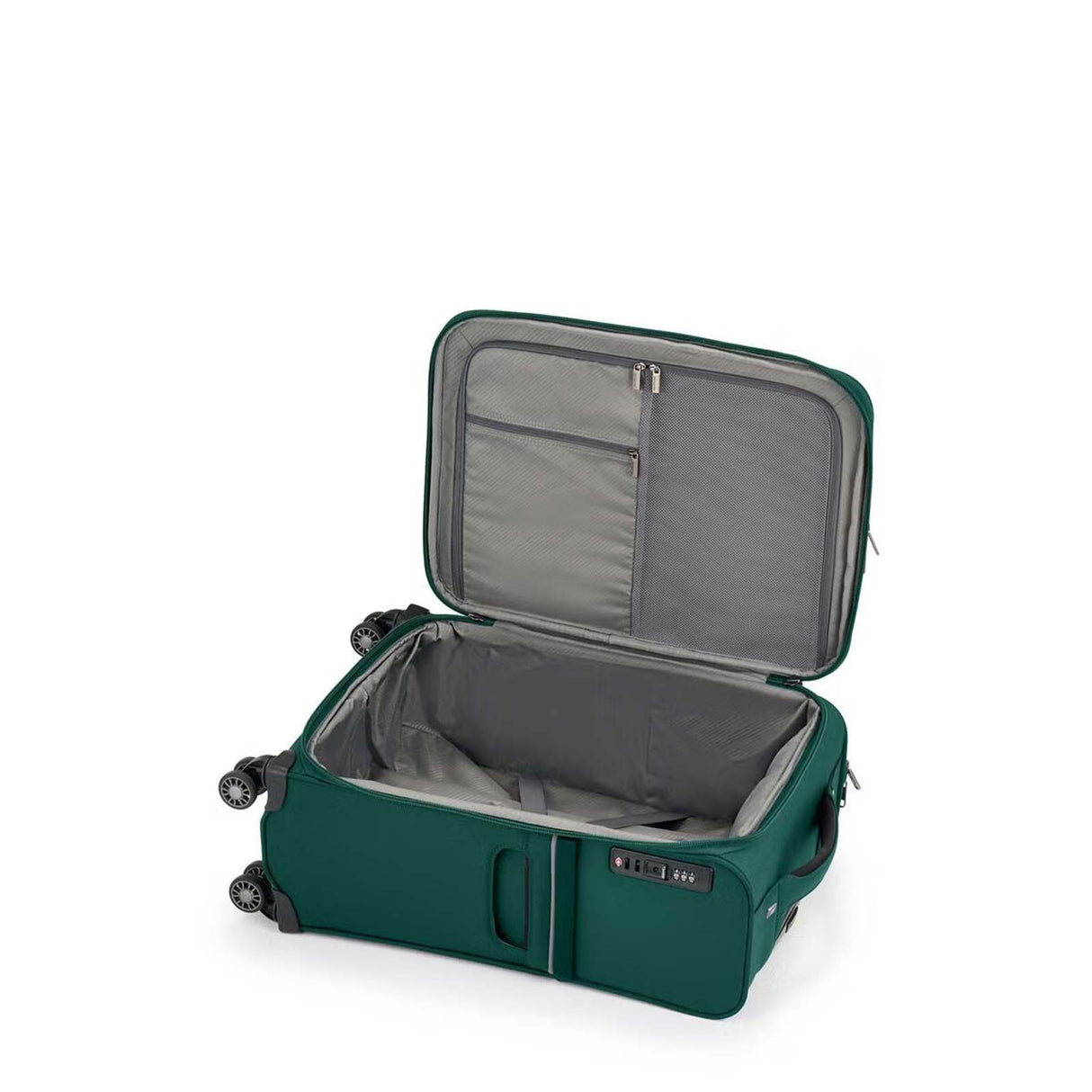 Green Samsonite suitcase with open lid on a white background