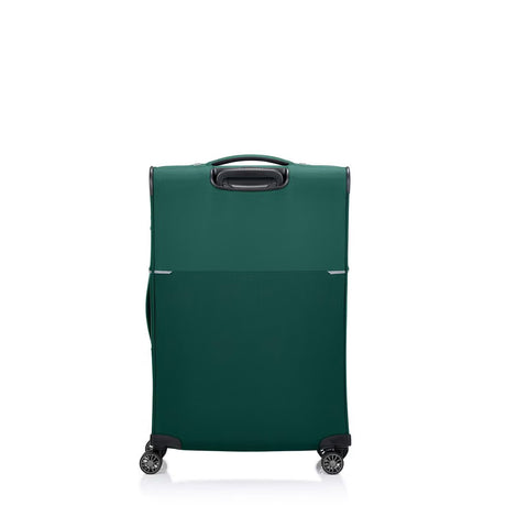 Green Samsonite suitcase with wheels on a white background