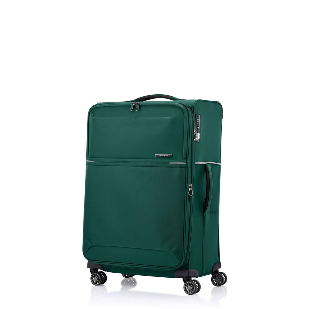 Green Samsonite suitcase with wheels on a white background