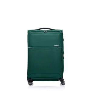 Green Samsonite suitcase with wheels on a white background