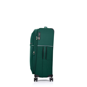 Green Samsonite suitcase on a white background