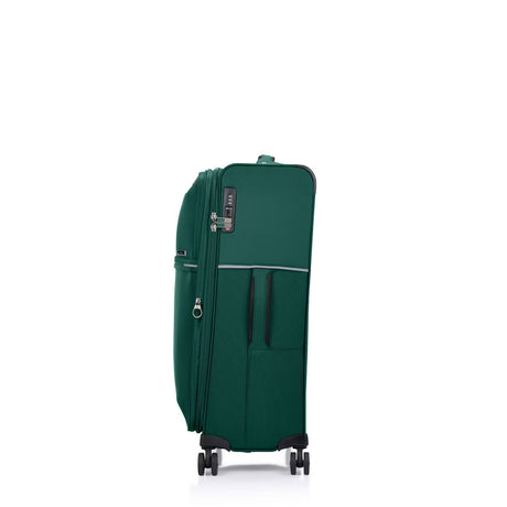 Green Samsonite suitcase on a white background