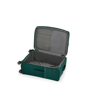 Green Samsonite suitcase with open lid on a white background