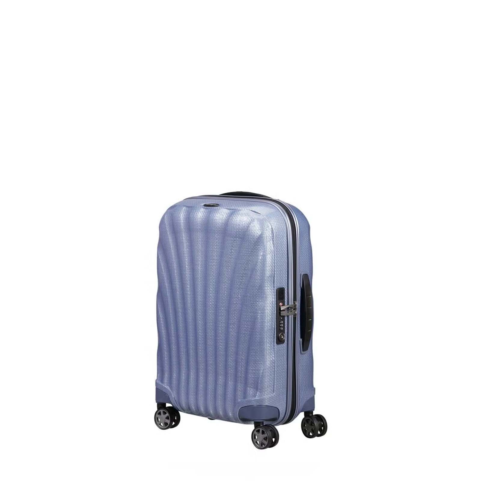 Lavender Samsonite suitcase with a textured surface on a white background