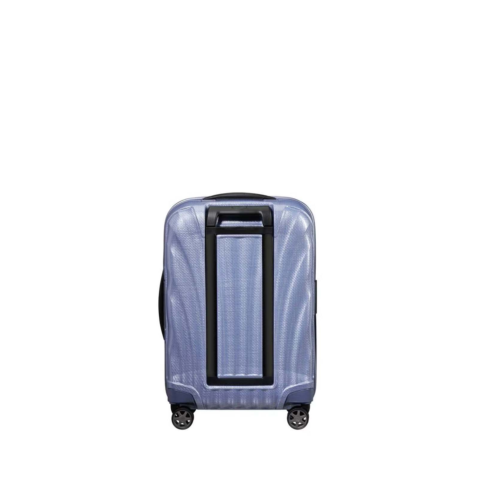 Lavender Samsonite suitcase with a black handle on a white background