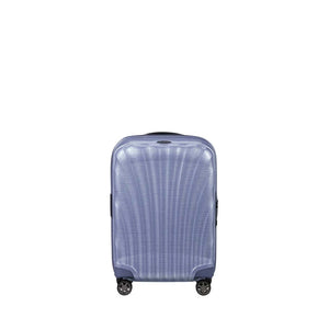 Lavender Samsonite suitcase on a white background