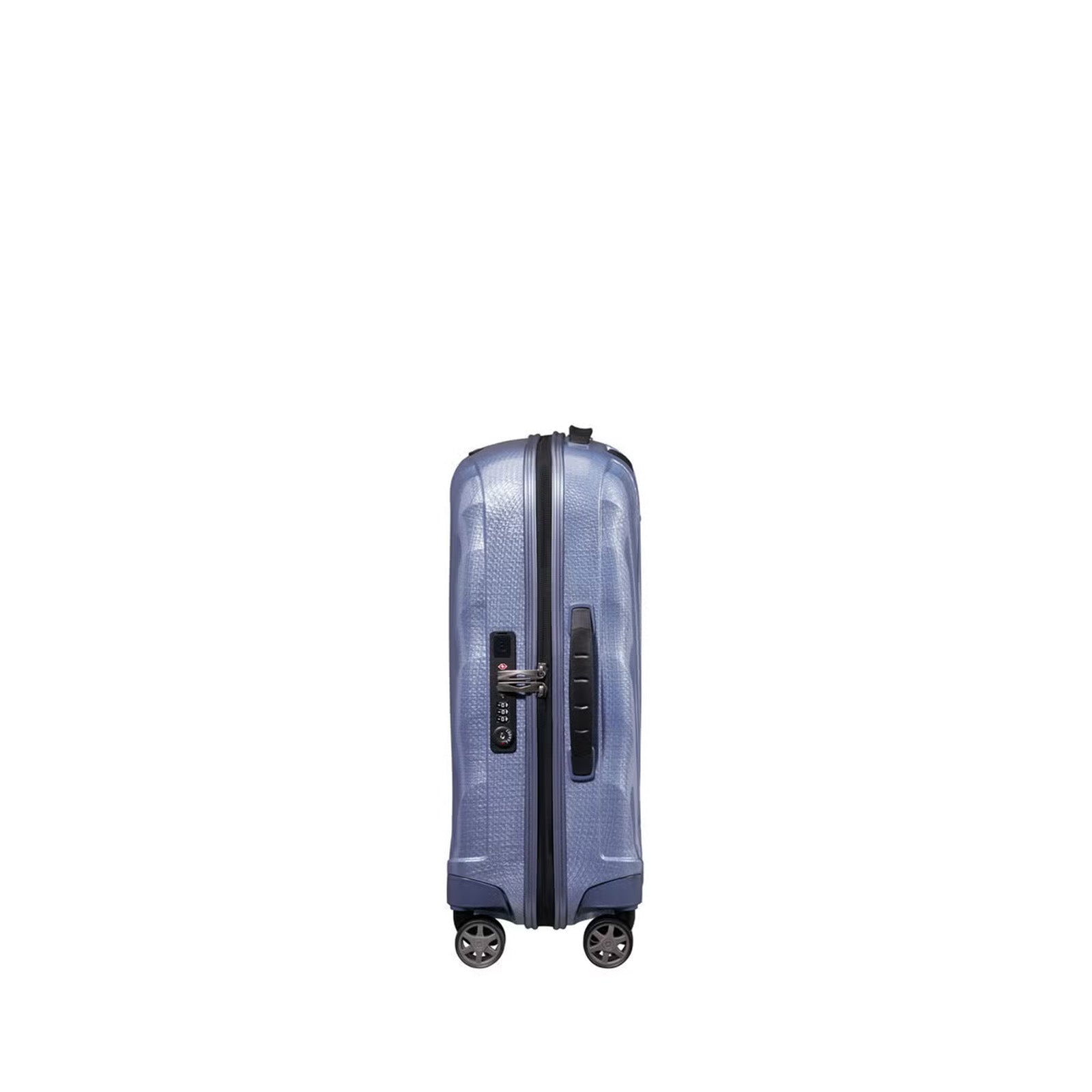 Lavender Samsonite suitcase with a textured surface on a white background