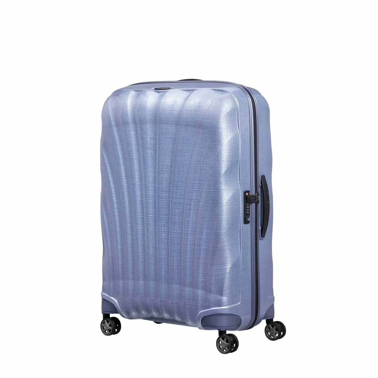 Lavender Samsonite suitcase with a textured surface on a white background