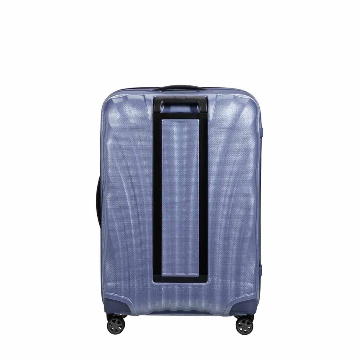 Lavender Samsonite suitcase with black handle on a white background