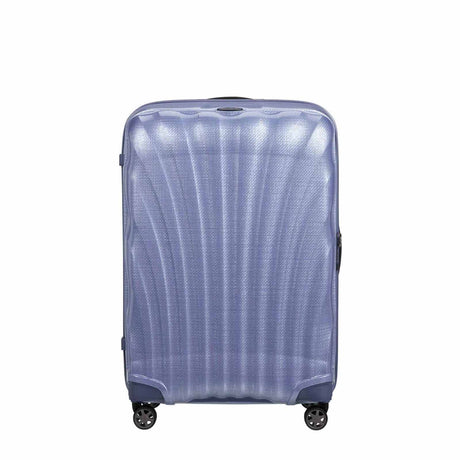 Lavender Samsonite suitcase with a textured surface on a white background