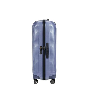 Lavender Samsonite suitcase with wheels and handle on a white background