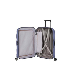 Open Lavender Samsonite suitcase with interior view on a white background