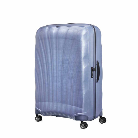 Lavender Samsonite suitcase with a textured surface on a white background
