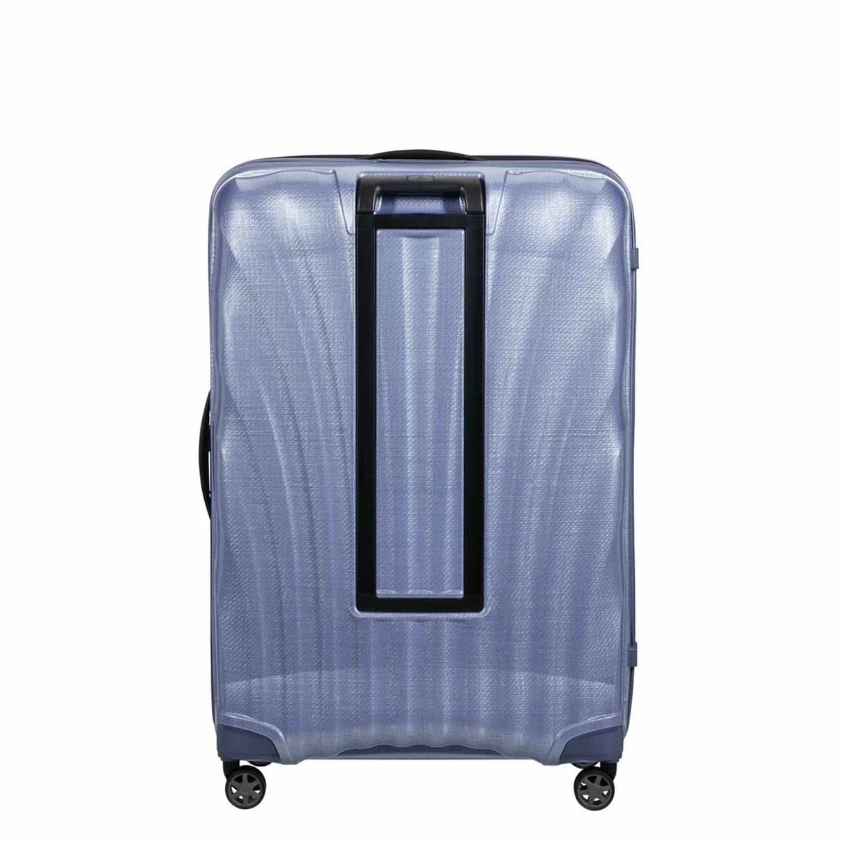 Lavender Samsonite suitcase with black handle on a white background