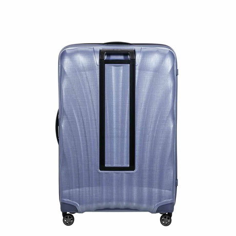 Lavender Samsonite suitcase with black handle on a white background