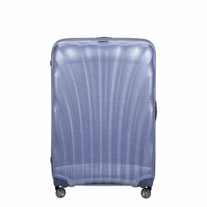 Lavender Samsonite suitcase with a textured surface on a white background