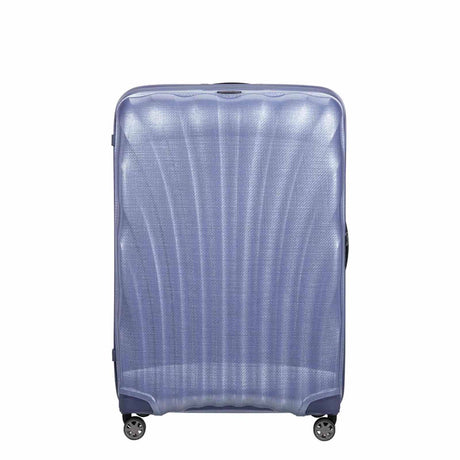 Lavender Samsonite suitcase with a textured surface on a white background