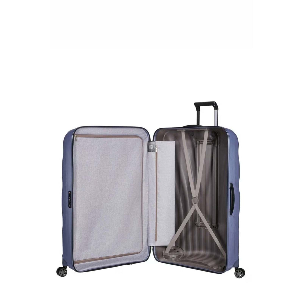 Lavender Samsonite suitcase on a white background
