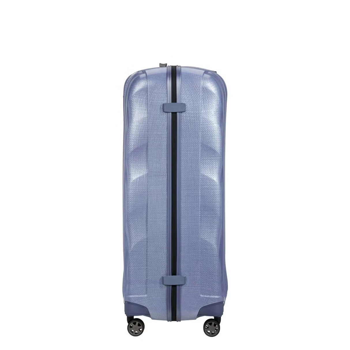 Lavender Samsonite suitcase with a clear design on a white background