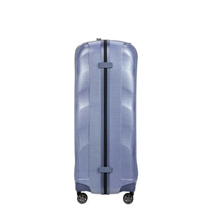 Lavender Samsonite suitcase with a clear design on a white background