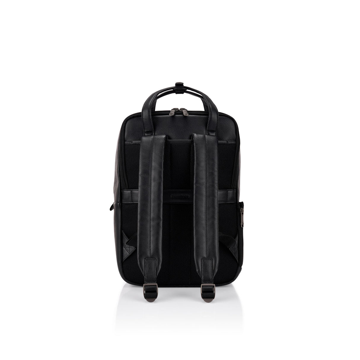 Black backpack shown from the back view on a clean white background.